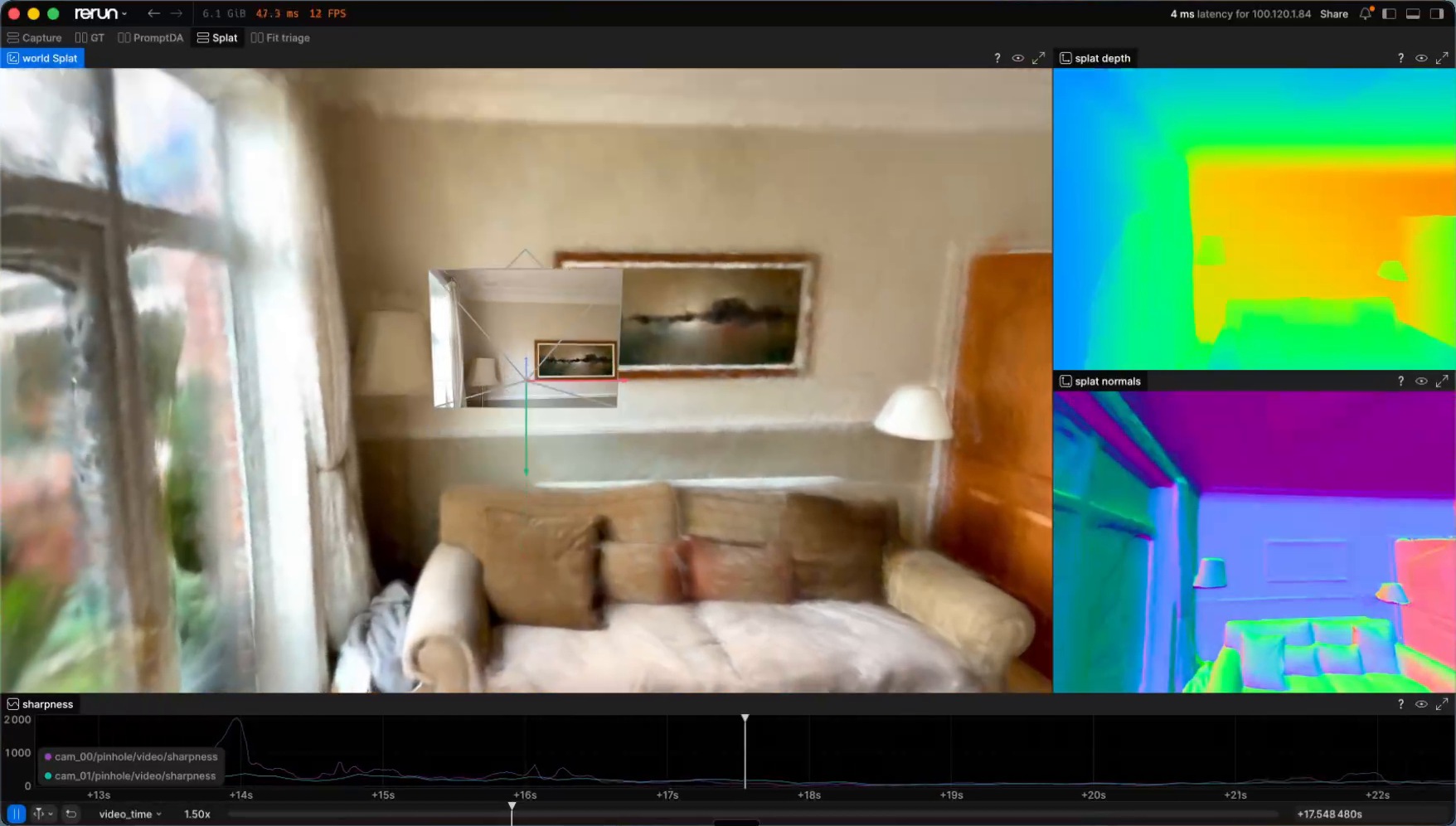 A Gaussian splat of a living room open in the Rerun viewer, with the frame being rendered drawn as a camera frustum inside it. To the right, dense depth for the same view with no holes in it, and surface normals that stay flat on the walls while keeping the sofa and the lamp. Along the bottom, a sharpness plot with one series per camera.