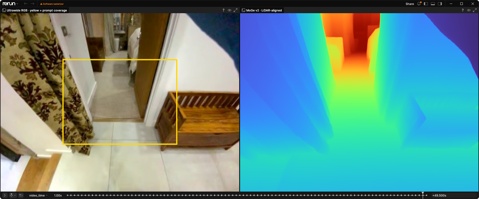 An ultrawide hallway image with a yellow box marking the LiDAR prompt's measured depth coverage, beside LiDAR-aligned MoGe depth.