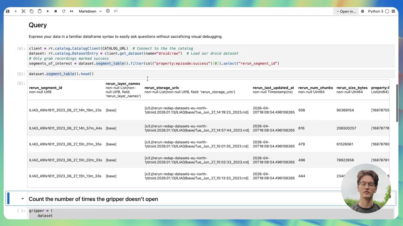 Rerun Hub walkthrough: querying the DROID dataset in a notebook